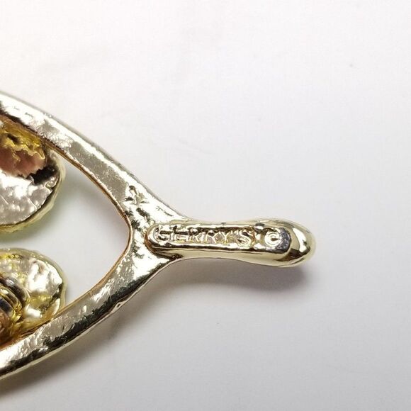 Vintage Gerry's Four Leaf Clover Wishbone Brooch, Green and Gold Tone, Good Luck - Picture 4 of 7